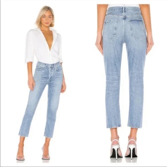 Agolde Riley High Rise Light Wash Crop Jeans Blur - Picture 3 of 11